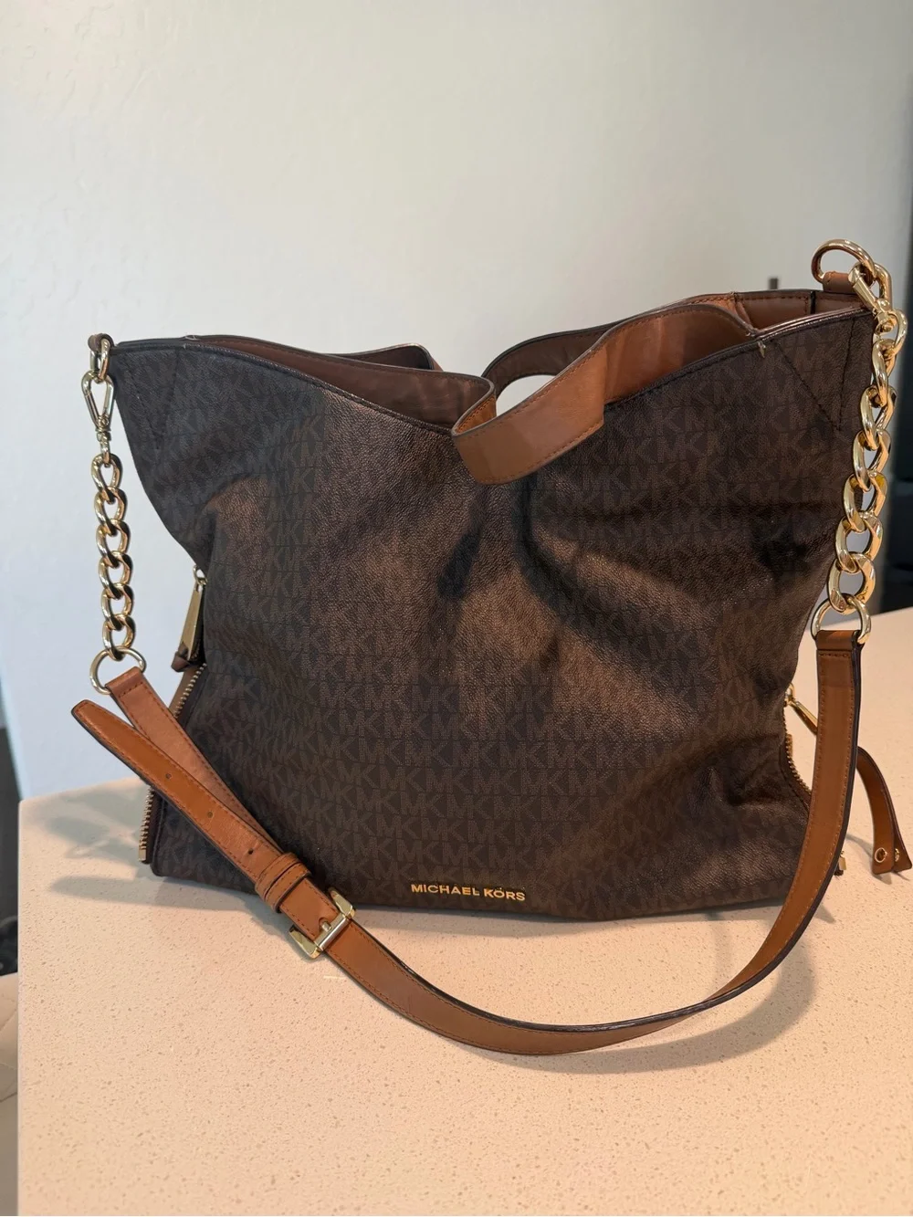 Michael Kors Brown MK Monogram Tote with Gold Chain Trim